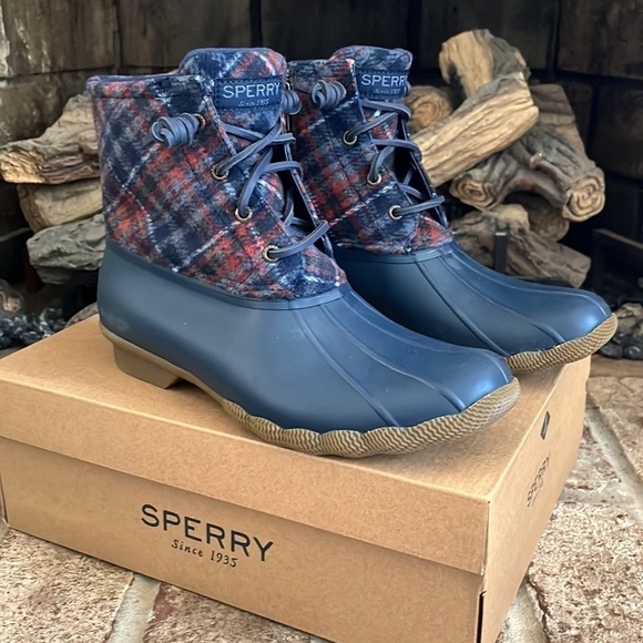 Brand New Sperry Saltwater Wool Plaid Duck Boot Waterproof Blue Winter Rain - Picture 1 of 15